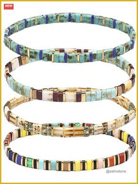 Boho Flat Glass Bead Stretch Bracelets Set of 4 Friendship Bracelets